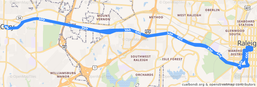 Mapa del recorrido GoTriangle Route 300 (non-peak hours) de la línea  en Raleigh.