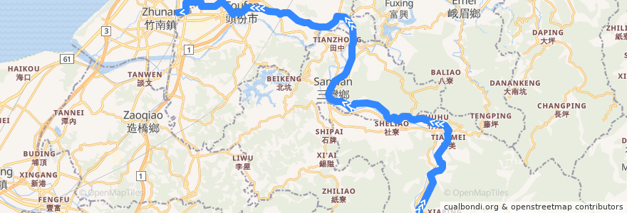 Mapa del recorrido 5805A 竹南車站→南庄遊客中心 de la línea  en 苗栗県.