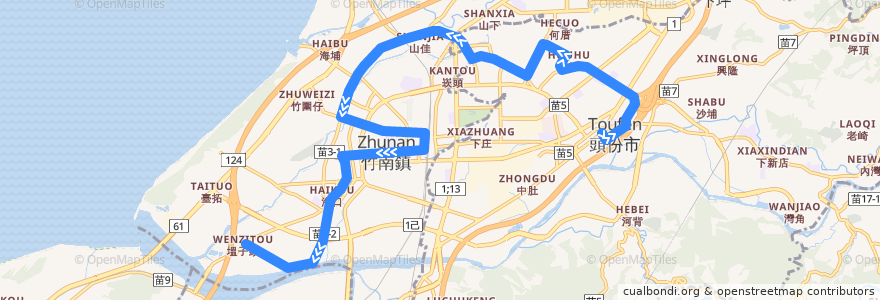 Mapa del recorrido 5813 海口里→頭份(經後庄) de la línea  en 苗栗縣.