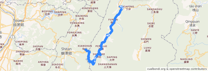 Mapa del recorrido 5822 仙山靈洞宮→南庄(經八卦力) de la línea  en Nanzhuang.