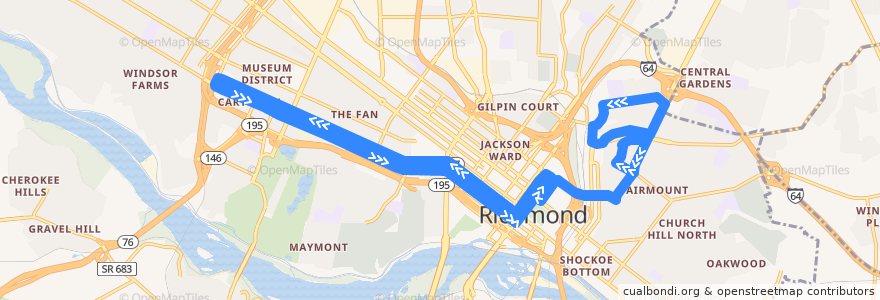 Mapa del recorrido GRTC 5 Cary/Main/Whitcomb (evenings and Sunday) de la línea  en Richmond City.