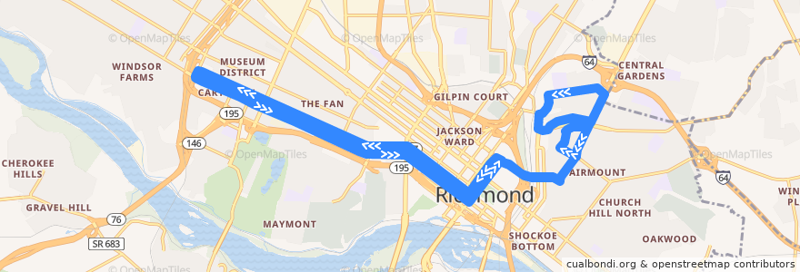Mapa del recorrido GRTC 5 Cary/Main/Whitcomb de la línea  en Richmond City.
