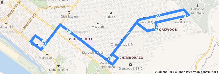 Mapa del recorrido GRTC 13 Oakwood de la línea  en Richmond City.