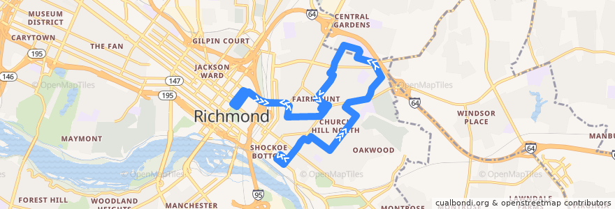 Mapa del recorrido GRTC 12 Church Hill (evenings and Sunday) de la línea  en Richmond City.