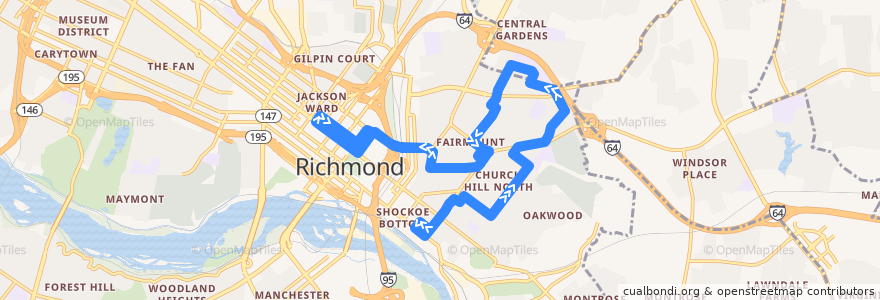 Mapa del recorrido GRTC 12 Church Hill de la línea  en Richmond City.