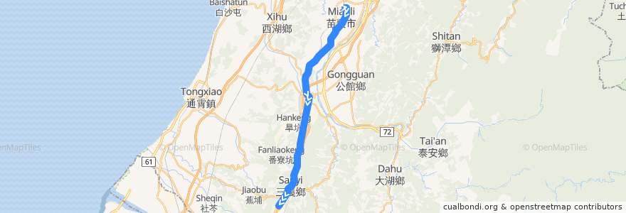 Mapa del recorrido 5664 三義→苗栗(經銅鑼) de la línea  en 苗栗縣.