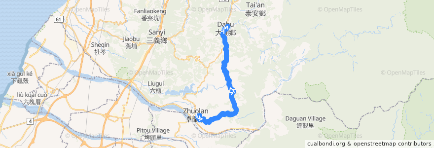 Mapa del recorrido 5663 卓蘭→大湖(經景文) de la línea  en 먀오리 현.