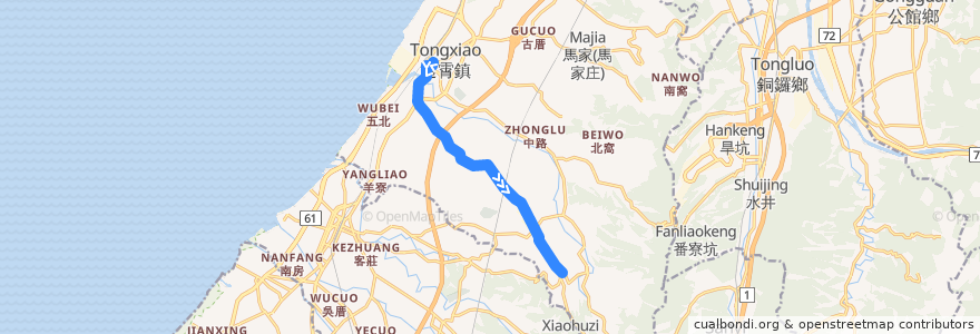 Mapa del recorrido 5821 大坪頂→通霄(經大屈) de la línea  en 通霄鎮.