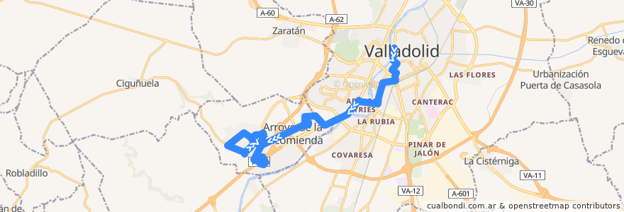 Mapa del recorrido Linea Buho: Valladolid => La Flecha => Sotoverde => Arroyo => La Vega de la línea  en Valladolid.