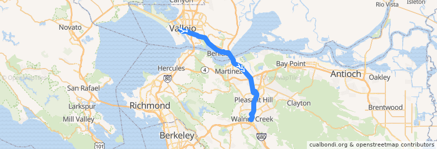 Mapa del recorrido SolanoExpress Yellow Line: Vallejo => Vallejo Ferry Terminal => Sunvalley Mall => Walnut Creek de la línea  en Kaliforniya.