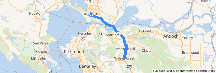 Mapa del recorrido SolanoExpress Yellow Line: Vallejo => Vallejo Ferry Terminal => Sunvalley Mall => Walnut Creek de la línea  en کالیفرنیا.