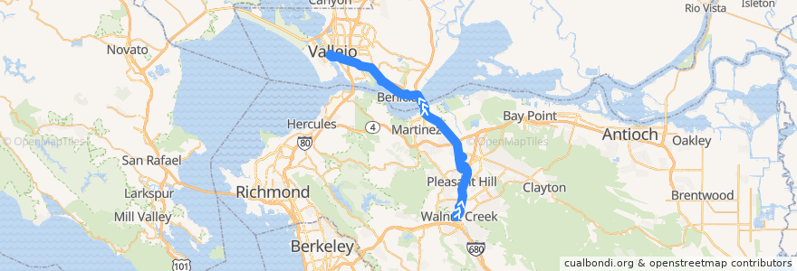 Mapa del recorrido SolanoExpress Yellow Line: Walnut Creek => Sunvalley Mall => Vallejo de la línea  en Kaliforniya.