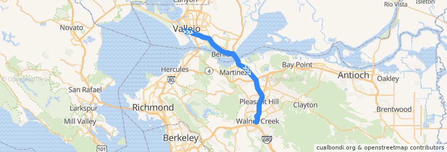 Mapa del recorrido SolanoExpress Yellow Line: Vallejo => Walnut Creek de la línea  en كاليفورنيا.