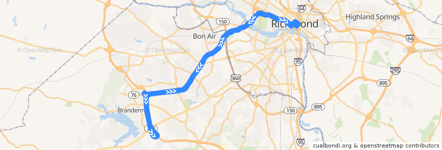 Mapa del recorrido GRTC 82x Commonwealth 20 Express de la línea  en ویرجینیا.