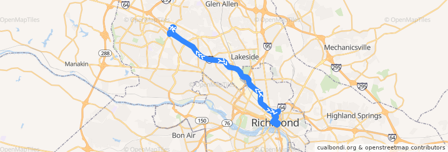 Mapa del recorrido GRTC 29x Gaskins Express de la línea  en 弗吉尼亚州 / 維吉尼亞州 / 維珍尼亞州.