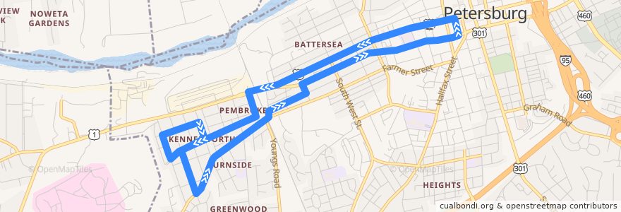 Mapa del recorrido PAT Washington Street de la línea  en Petersburg.