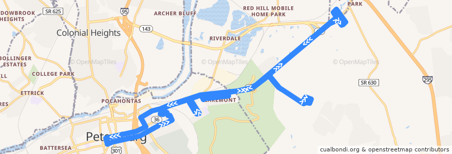 Mapa del recorrido PAT Blandford/Hopewell de la línea  en Virginia.