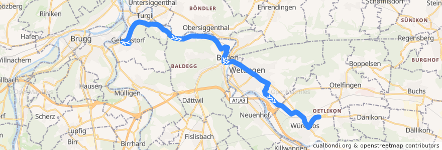 Mapa del recorrido Bus 1: Gebenstorf => Würenlos de la línea  en Bezirk Baden.