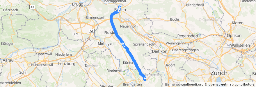 Mapa del recorrido Bus 320: Baden => Berikon-Widen de la línea  en Bezirk Baden.