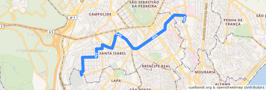 Mapa del recorrido Bus 774: Gomes Freire → Campo de Ourique (Prazeres) de la línea  en Lisbona.