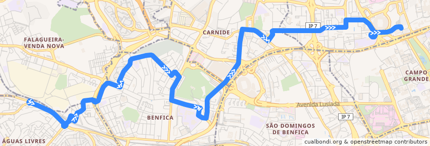 Mapa del recorrido Bus 767: Reboleira (Metro) → Campo Grande (Metro) de la línea  en Lisboa.