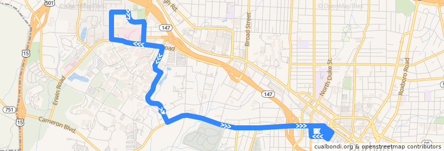 Mapa del recorrido GoDurham Route 6 Duke & VA Hospitals-American Village de la línea  en Durham.