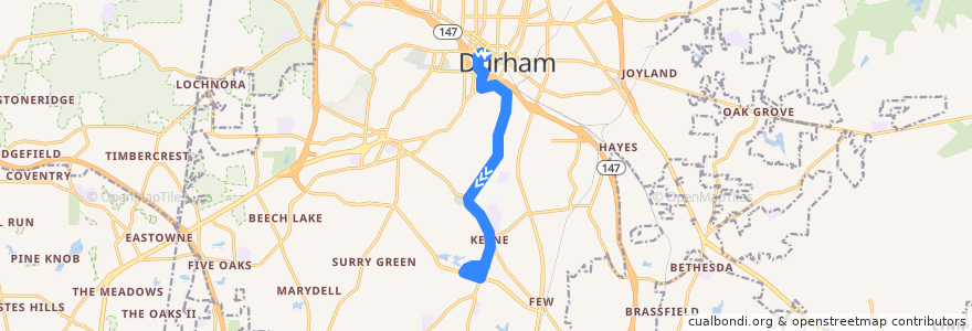 Mapa del recorrido GoDurham Route 5K Fayetteville Street Tripper de la línea  en Durham.