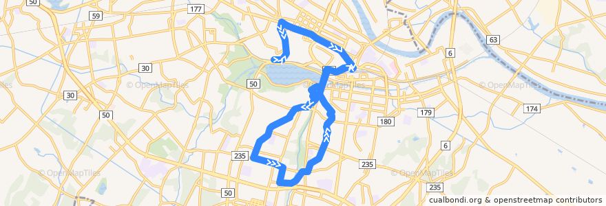 Mapa del recorrido 関東鉄道バス 偕楽園⇒本郷・払沢循環（本郷先回り） de la línea  en 水戸市.