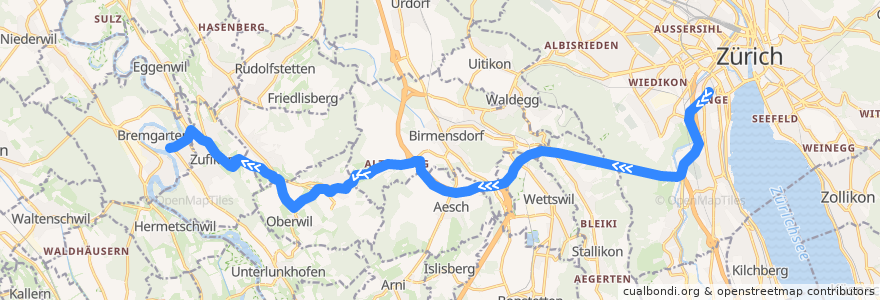 Mapa del recorrido Bus 444: Zürich, Bahnhof Enge/Bederstrasse → Bremgarten AG, Obertorplatz de la línea  en 스위스.