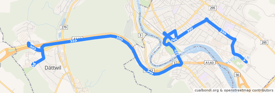 Mapa del recorrido Bus 12: Dättwil AG, Kantonsspital => Wettingen, Tägi de la línea  en Bezirk Baden.