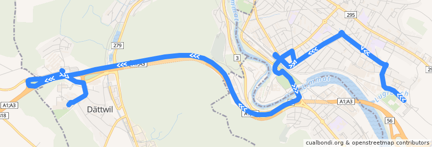 Mapa del recorrido Bus 12: Wettingen, Tägi => Dättwil AG, Kantonsspital de la línea  en Bezirk Baden.