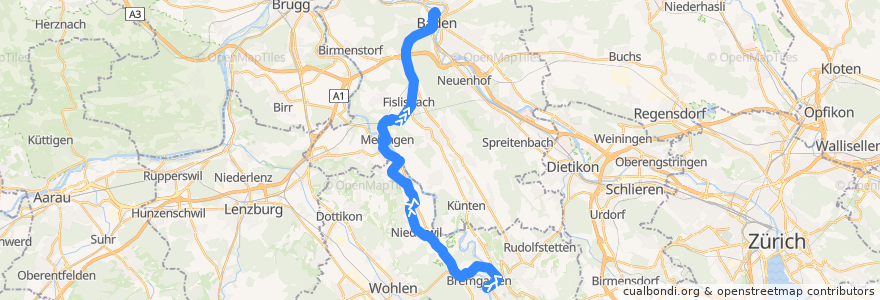 Mapa del recorrido Bus 332: Bremgarten => Mellingen => Baden de la línea  en Argovie.