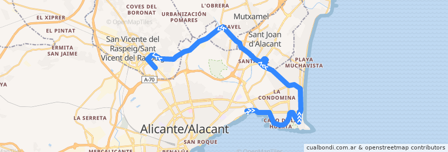 Mapa del recorrido 38: Playa San Juan ⇒ Universidad de la línea  en l'Alacantí.