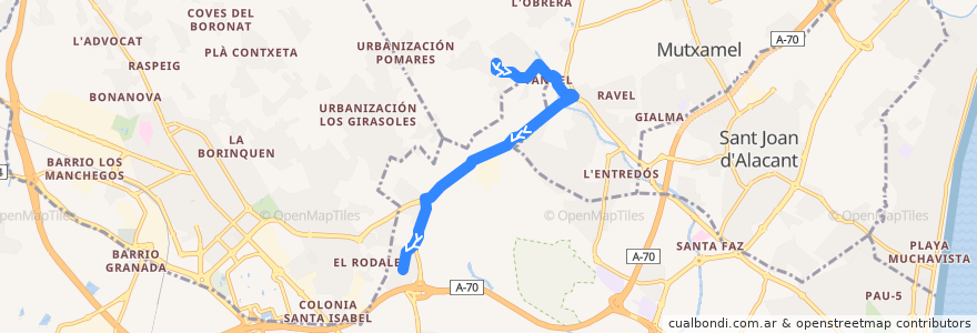 Mapa del recorrido 26: Tángel ⇒ Villafranqueza de la línea  en l'Alacantí.