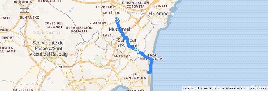 Mapa del recorrido 31: Mutxamel ⇒ Playa San Juan de la línea  en l'Alacantí.