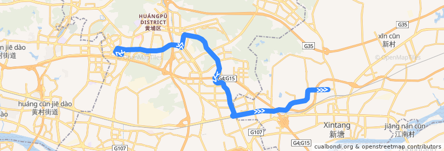 Mapa del recorrido 375路[科学城(天泰二路)总站-凤凰城(凤馨苑)总站] de la línea  en غوانزو.