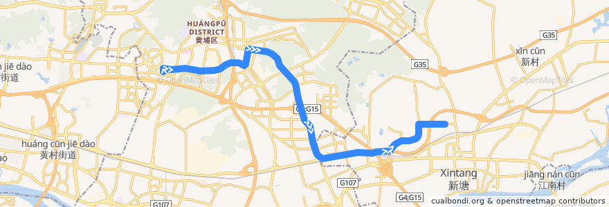 Mapa del recorrido 375路[凤凰城(凤馨苑)总站-科学城(天泰二路)总站] de la línea  en Guangzhou.