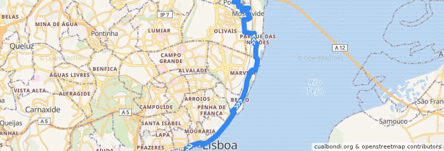 Mapa del recorrido Bus 728: Cais do Sodré → Centro Comercial da Portela de la línea  en Portugal.