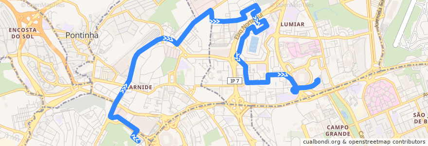 Mapa del recorrido Bus 778: Colégio Militar (Metro) → Campo Grande (Metro) de la línea  en Lisboa.