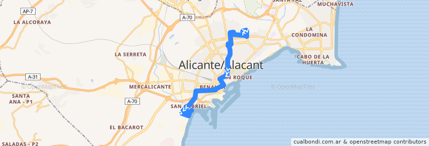 Mapa del recorrido 01: Ciudad Elegida ⇒ San Gabriel de la línea  en Alacant / Alicante.