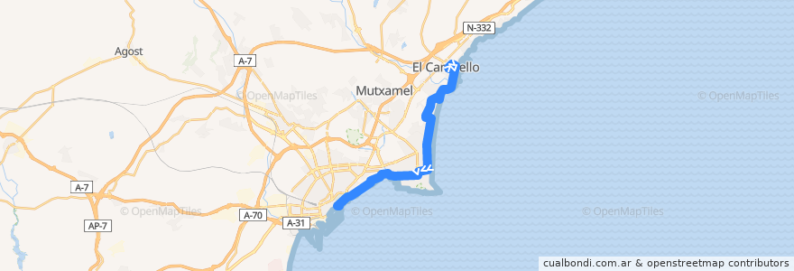 Mapa del recorrido 21N: El Campello ⇒ Alicante, Plaza Puerta Del Mar de la línea  en l'Alacantí.