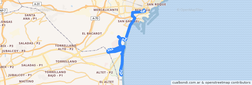 Mapa del recorrido 27: Óscar Esplá ⇒ Urbanova (paso Euipo y Av. Elche) de la línea  en Alacant / Alicante.