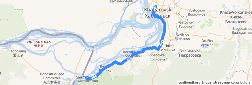 Mapa del recorrido Автобус 107: Автовокзал - село Казакевичево de la línea  en Kraï de Khabarovsk.