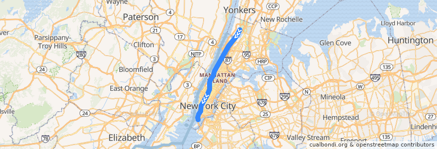 Mapa del recorrido NYCS - 1 Train: Van Cortlandt Park–242nd Street → South Ferry de la línea  en Manhattan.