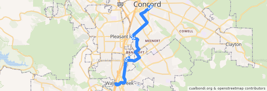 Mapa del recorrido County Connection 14: Concord BART => Pleasant Hill BART => Walnut Creek BART de la línea  en Contra Costa County.