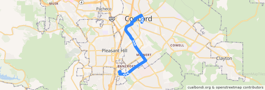 Mapa del recorrido County Connection 11: Concord BART => Pleasant Hill BART de la línea  en Contra Costa County.