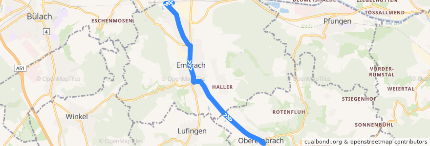 Mapa del recorrido Bus 523: Embrach-Rorbas, Bahnhof => Oberembrach, Dorf de la línea  en Bezirk Bülach.