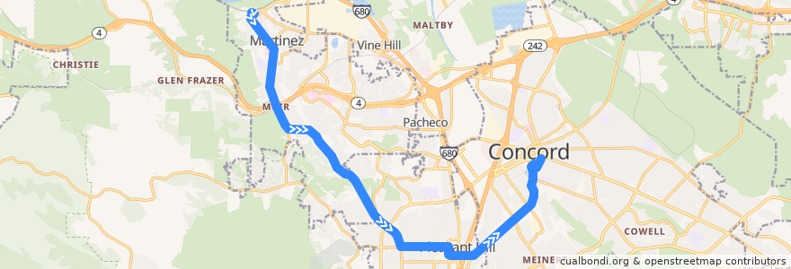 Mapa del recorrido County Connection 16: Martinez Amtrak => Downtown Pleasant Hill => Concord BART de la línea  en Contra Costa County.