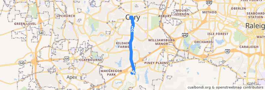 Mapa del recorrido GoCary 55: Crescent Commons => Cary Depot de la línea  en Cary.