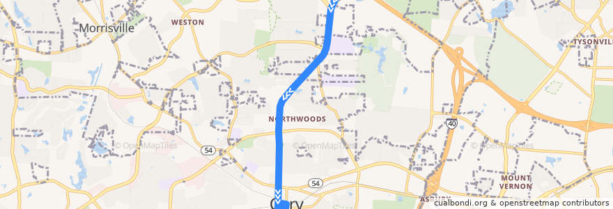 Mapa del recorrido GoCary 3: Harrison Square => Cary Depot de la línea  en Cary.
